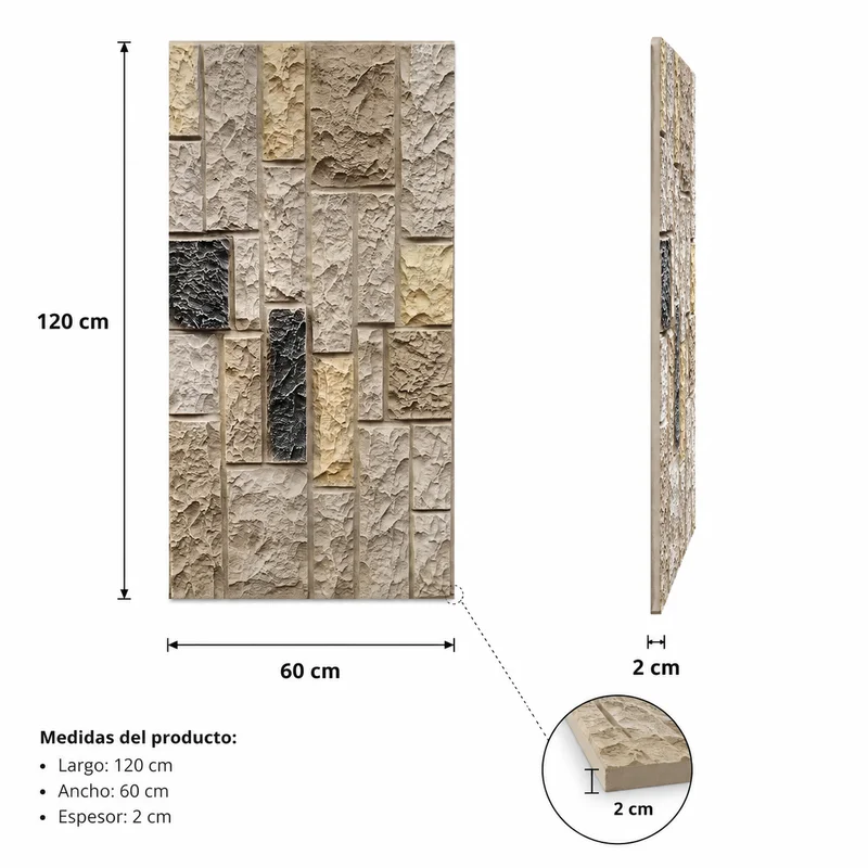Dimensiones Piedra PU Mix Grafito Colores PU104: 120cm × 60cm × 2cm