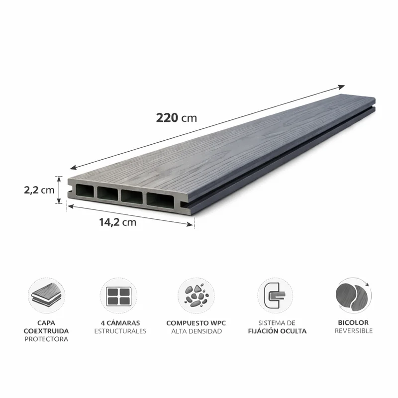 Dimensiones Piso DECK WPC Coextruido Bicolor Café Antique/Gris Piedra - 220 cm x 14,2 cm x 2,2 cm