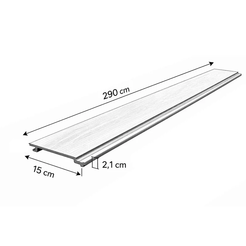 Dimensiones Revestimiento Exterior WPC REW101: 290cm × 15cm × 2,1cm