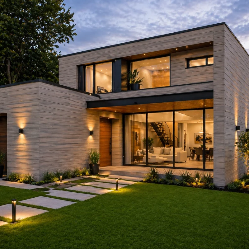 Revestimiento WPC REW101 Antique instalado en fachada de casa minimalista