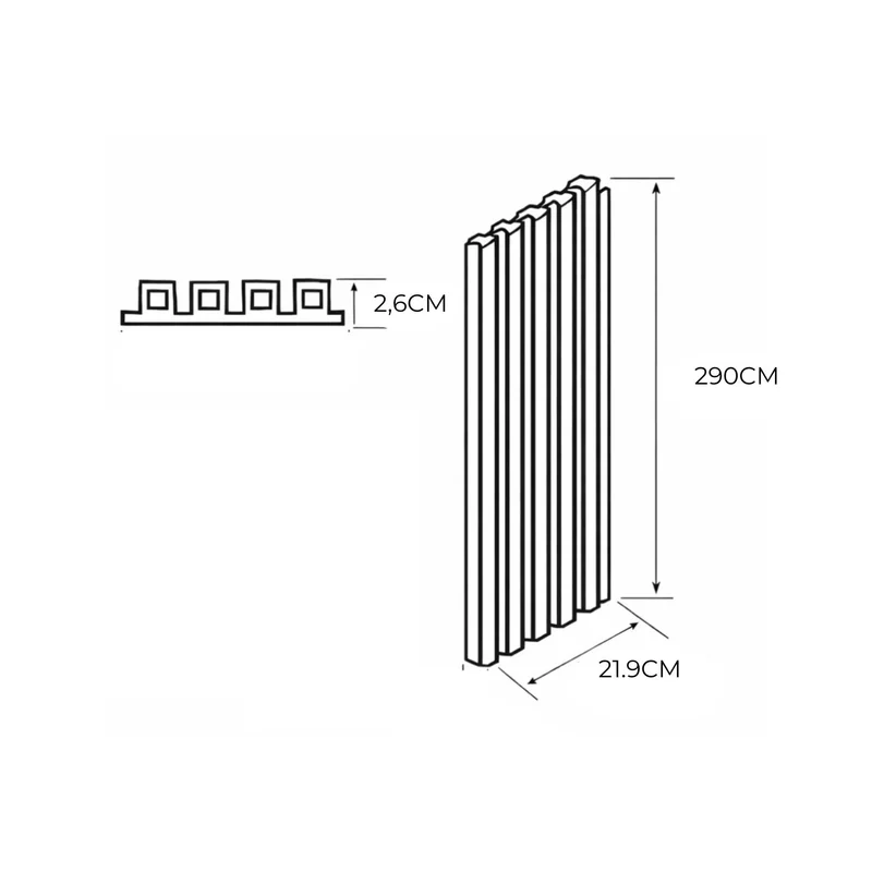 Dimensiones Revestimiento Exterior WPC REW102: 290cm × 21,9cm × 2,6cm