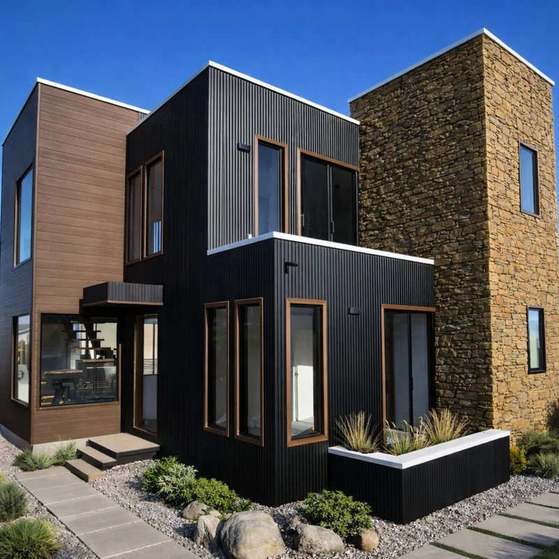 Revestimiento WPC REW102 Negro instalado en casa moderna